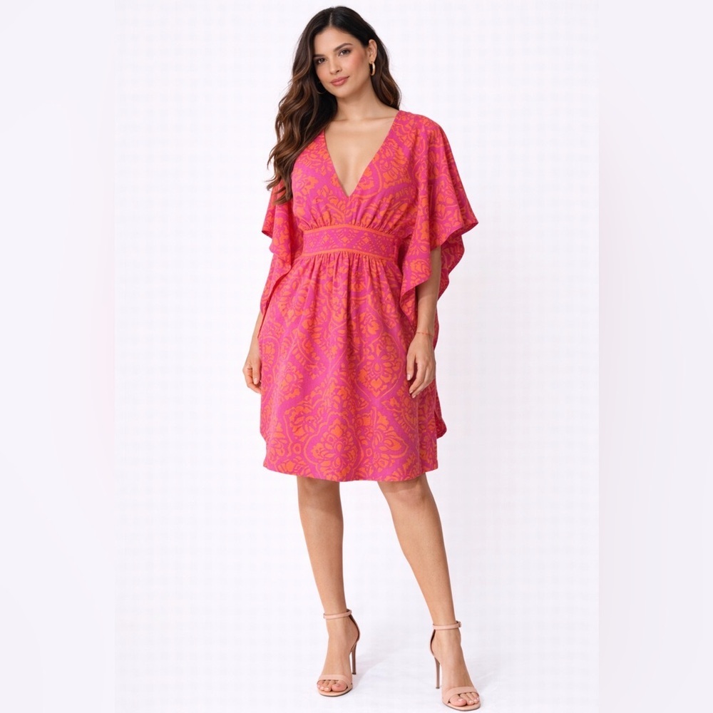 Alice & Trixie Pink Orange Silk Kimono Kaftan Dress XS Extra Small